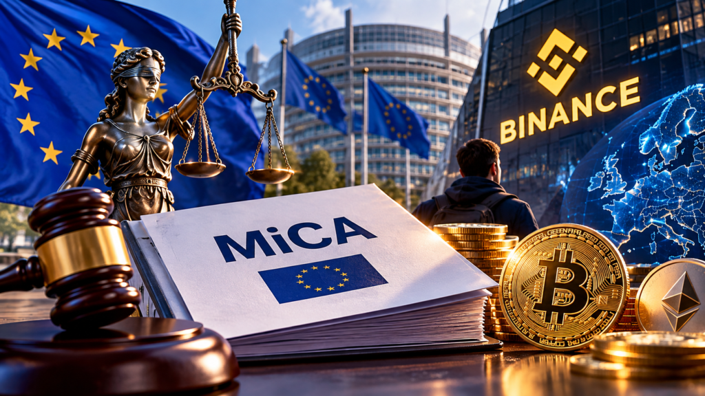 유럽연합의 MiCA 규제와 바이낸스의 역청약 조사 이슈를 표현한 이미지