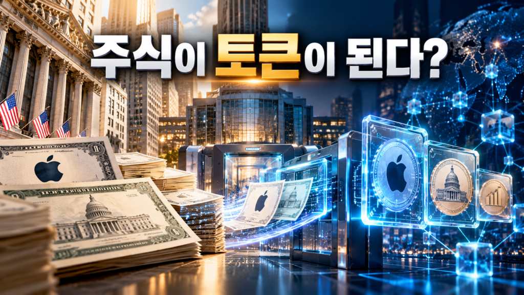 미국 주식과 국채가 블록체인 기반 디지털 토큰으로 전환되는 자산 토큰화를 표현한 이미지