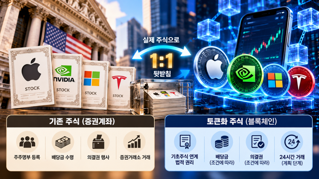 실제 미국 주식과 블록체인 토큰화 주식의 연결 구조 및 투자자 권리 차이를 보여주는 이미지