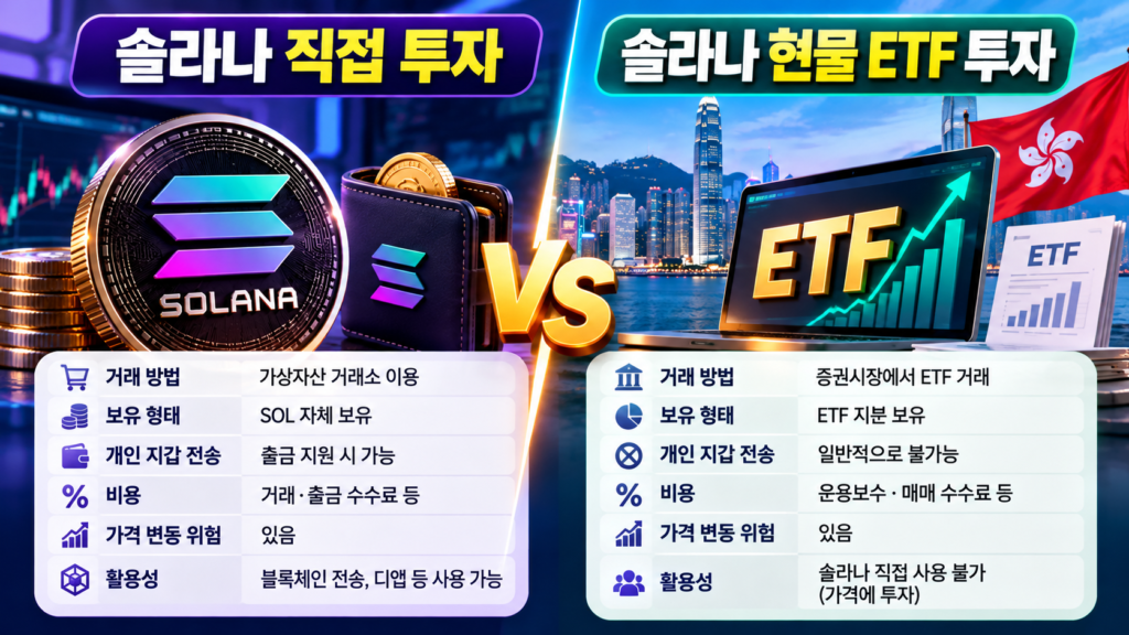 솔라나 직접 보유와 솔라나 현물 ETF 투자의 거래 방식, 보유 형태, 수수료 차이를 비교한 이미지