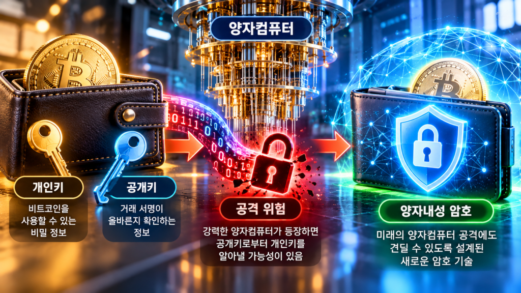 비트코인 공개키와 개인키의 관계, 양자컴퓨터 공격 위험 및 양자내성 암호 대응 과정을 설명하는 이미지