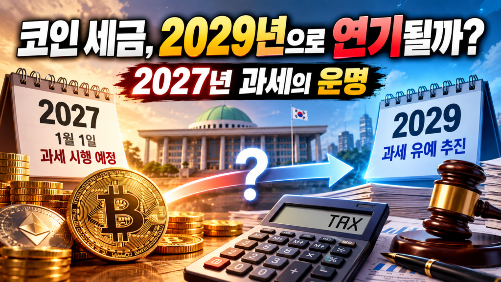 2027년 시행 예정인 국내 가상자산 과세와 2029년 과세 유예 추진 소식을 설명하는 비트코인 세금 대표이미지