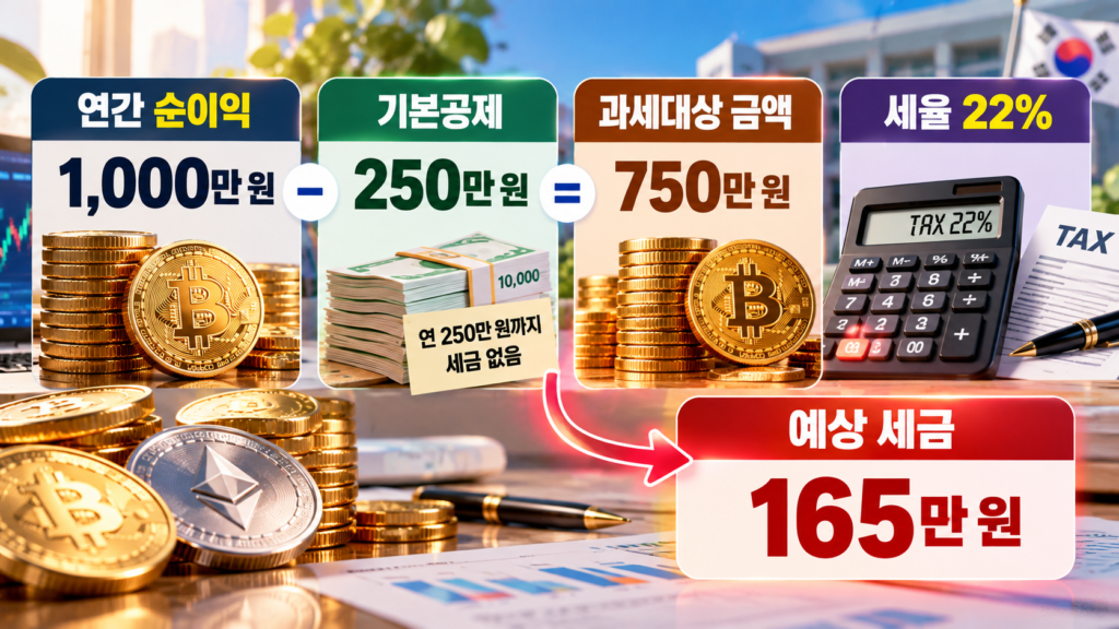 가상자산 연간 순이익 1000만 원에서 기본공제 250만 원을 제외한 뒤 22% 세율을 적용하는 코인 세금 계산 예시