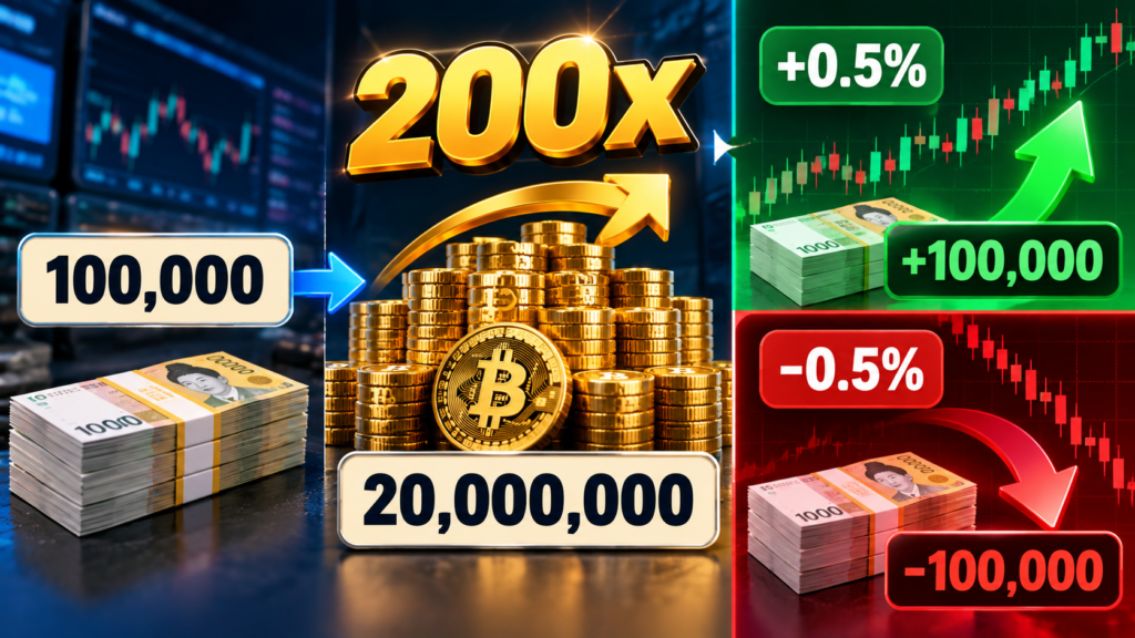 증거금 10만 원과 200배 레버리지로 만든 2000만 원 포지션에서 0.5% 가격 변동 시 약 10만 원의 평가손익이 발생하는 계산 예시