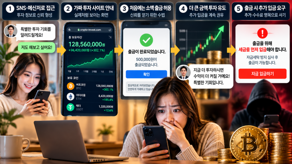 가짜 암호화폐 거래소 사기 수법 및 피해 대응 절차 인포그래픽