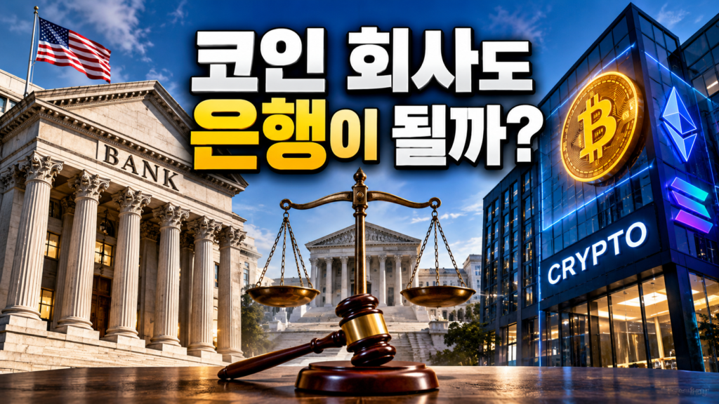 미국 기존 은행과 암호화폐 기업의 국가 신탁은행 인가 갈등을 표현한 이미지